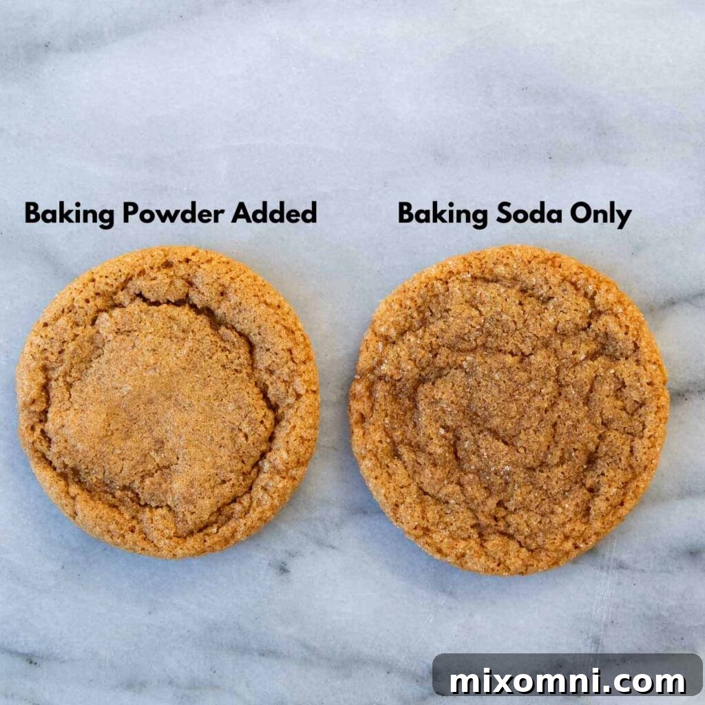 A comparative image of two gluten-free ginger cookies: one with added baking powder showing enhanced lift and shape, and another without, appearing flatter.