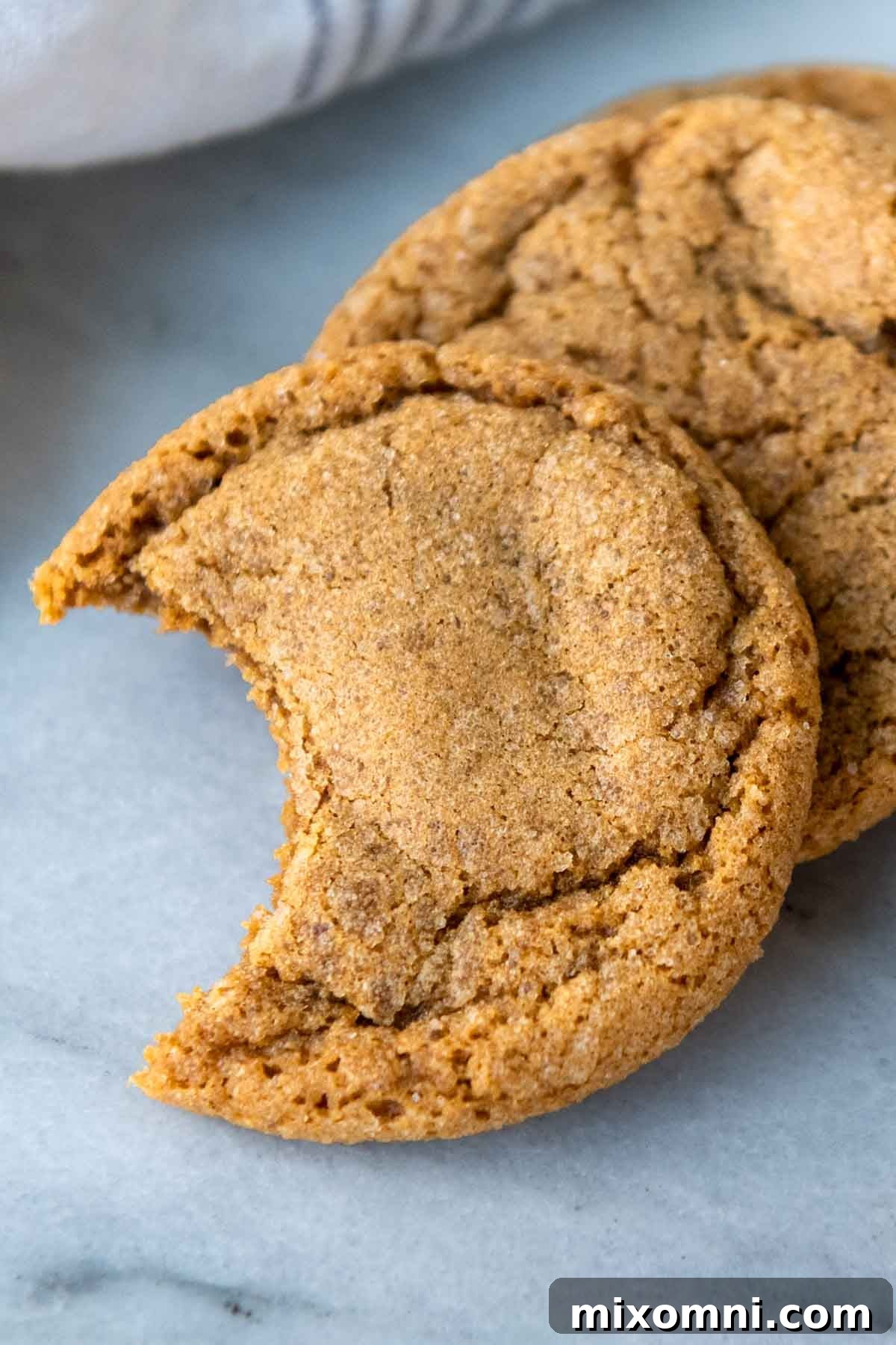 A close-up shot of a gluten-free ginger cookie with a piece bitten off, revealing its soft, chewy interior and the rich spices within.