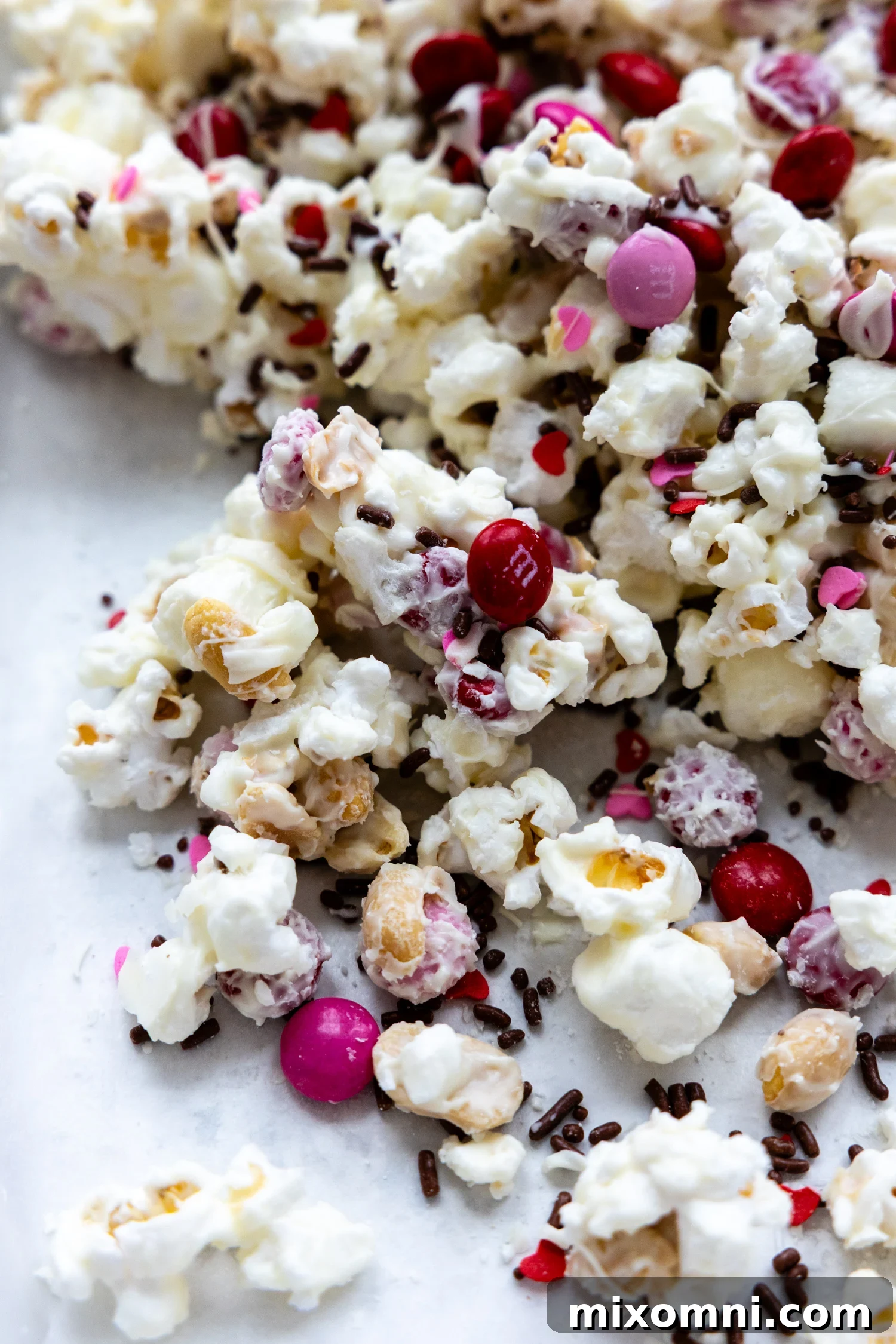 A Valentine's themed white chocolate popcorn mix with M&M's on a white surface, garnished with sprinkles.