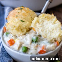 Gluten-Free Chicken and Biscuits served in a white bowl.