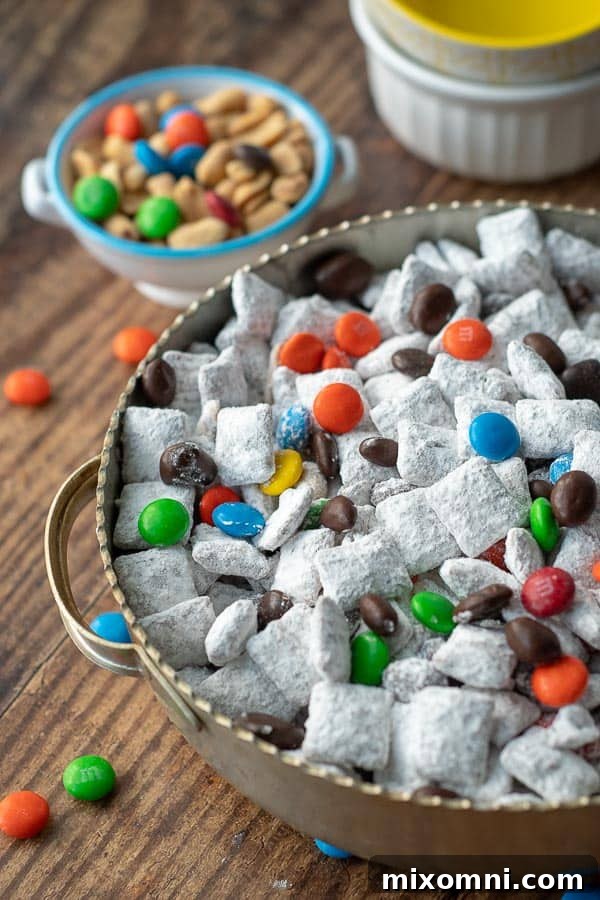A close-up shot of Nutella puppy chow in a bowl, showcasing its powdered sugar coating.