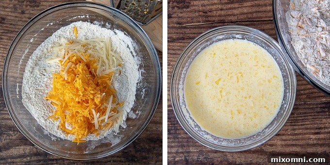 The first two steps of making quick cheese bread: dry ingredients whisked in one bowl, and wet ingredients whisked in another.