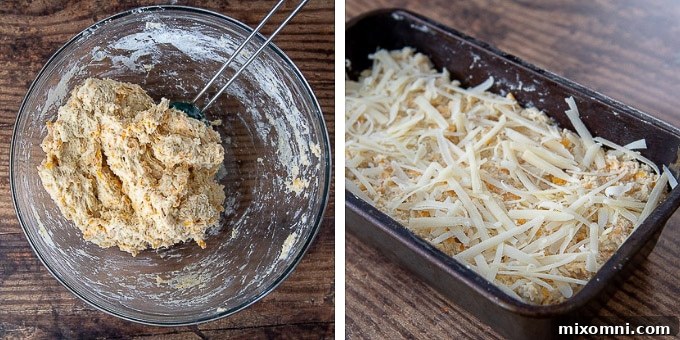 Steps of mixing quick cheese bread dough and transferring it into a loaf pan, topped with Parmesan cheese before baking.
