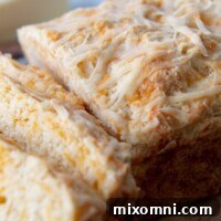 An up close shot of the golden-brown crust of quick cheese bread.