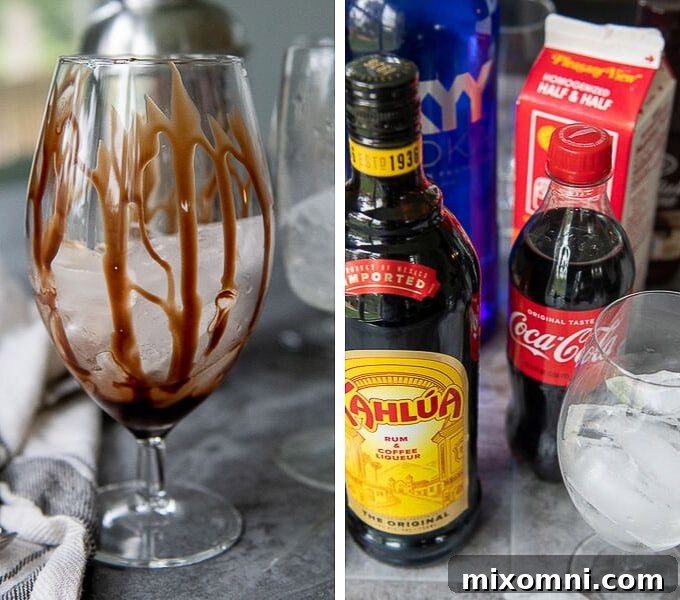 A selection of essential ingredients for a Colorado Bulldog cocktail, including vodka, coffee liqueur, milk, and a glass artfully drizzled with chocolate syrup, ready for mixing.