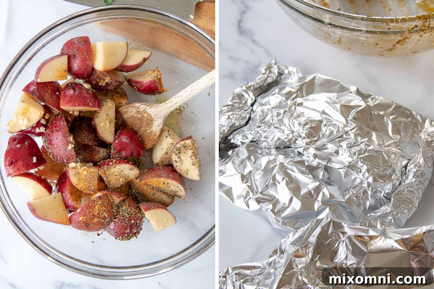 A visual step-by-step guide showing how to prepare easy grilled potatoes in foil packets, from cutting to seasoning and wrapping.