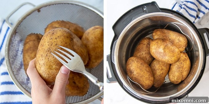 Photos showing how to make Instant Pot baked potatoes step by step, including washing and pricking.