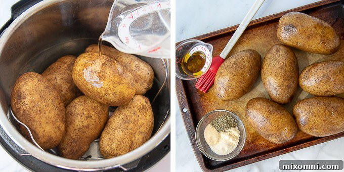 Photos showing how to make Instant Pot baked potatoes step by step, including placing potatoes on the trivet and adding water.