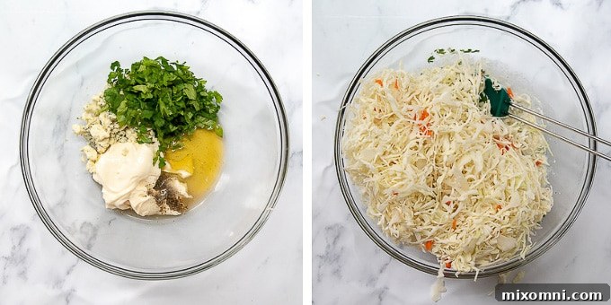 Images illustrating the process of mixing ingredients for the creamy blue cheese slaw: mayonnaise, blue cheese, cilantro, honey, and cider vinegar, alongside coleslaw mix.