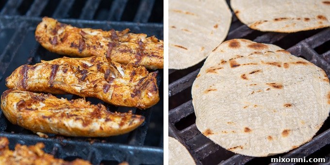 Photos depicting grilled buffalo chicken tenders and warmed tortillas, perfectly prepared for assembly into delicious tacos.