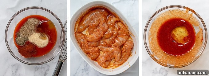 steps showing how to marinate buffalo chicken, highlighting the simplicity of the process