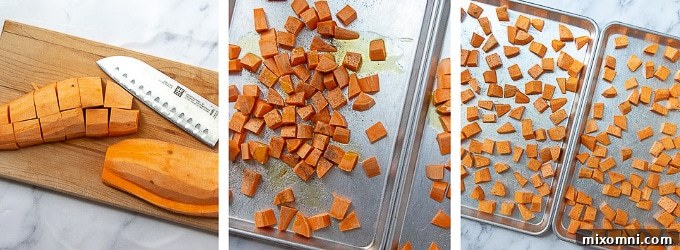 images showing how to cut and roast sweet potatoes