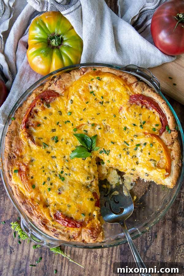 An overhead shot of a golden-brown tomato pie with a slice cut out, surrounded by fresh whole tomatoes and basil leaves.