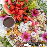 A photo of a completed dessert platter on a white tray with various fruits, sweets, and fresh flowers as garnish.