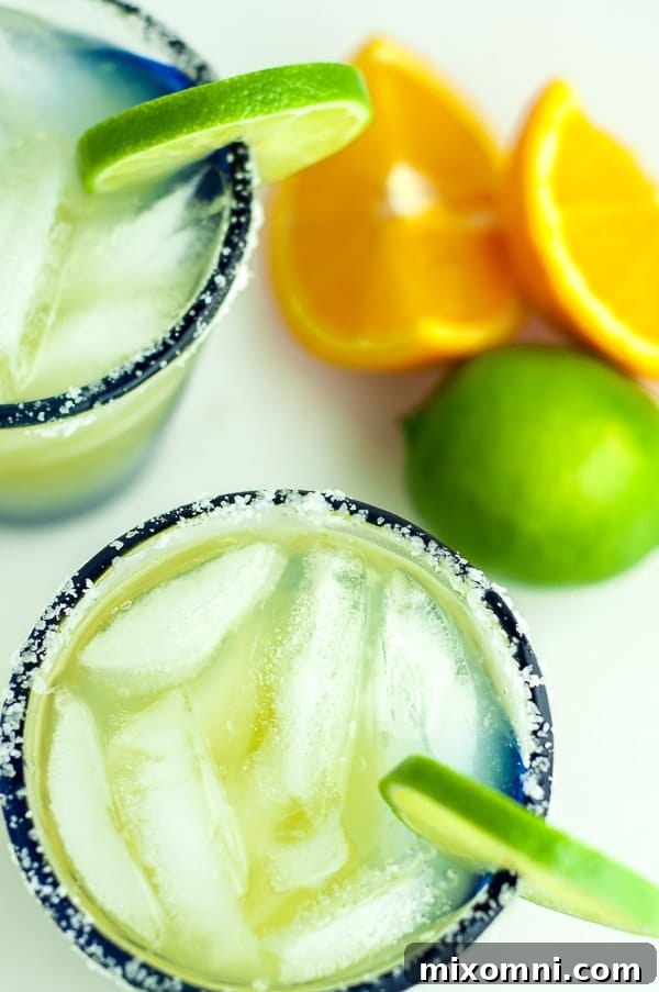 An overhead shot showcasing two beautifully garnished glasses of skinny margarita, ready to be enjoyed.