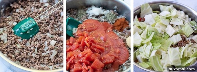 Step-by-step images illustrating how to prepare unstuffed cabbage rolls in a skillet, showing the process of browning meat, adding sauce, and simmering.