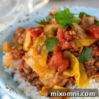 A close-up shot of unstuffed cabbage rolls in a small serving bowl, inviting and flavorful.