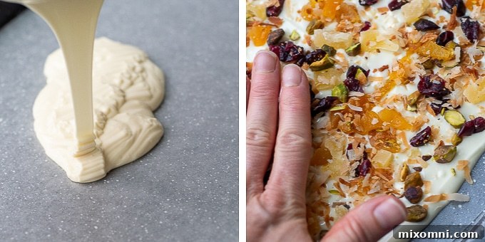 A series of four images showing the step-by-step process of making white chocolate bark: preparing toppings, melting chocolate, spreading chocolate, and topping the bark.