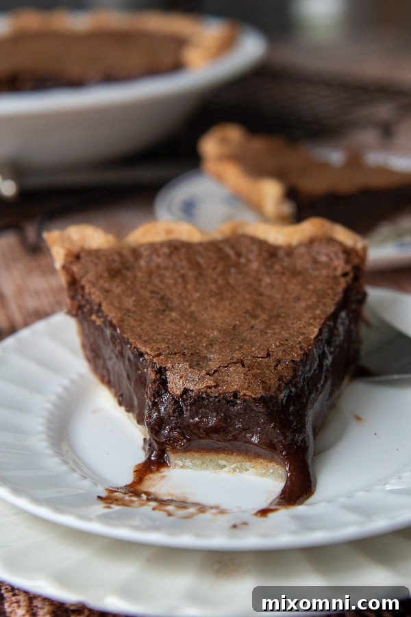 A delectable piece of chocolate chess pie, with a bite taken out, revealing its dense, fudgy texture and glossy interior.