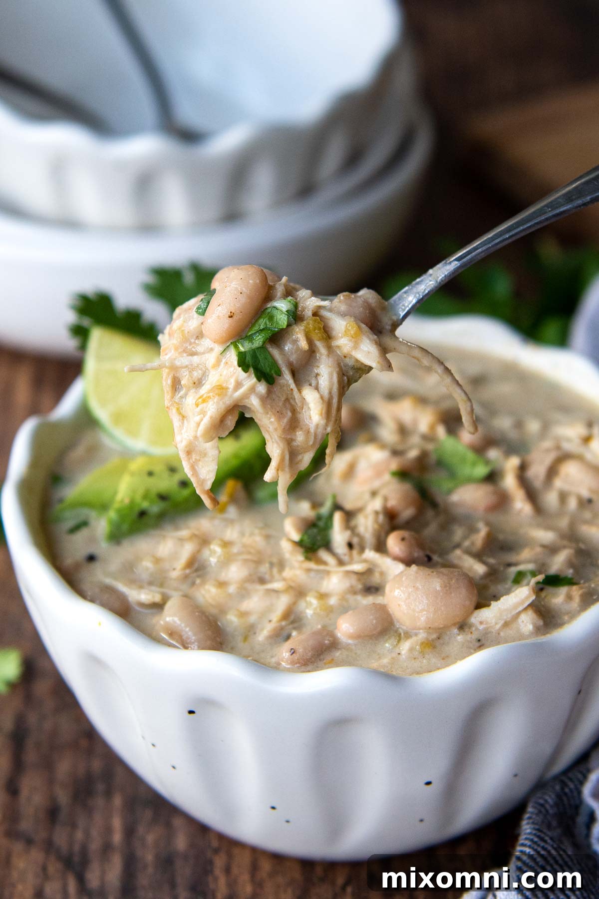 A spoon lifting out a bite of chicken chili
