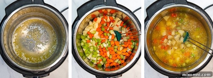 Two images showing the initial steps of making Instant Pot potato soup, including sautéing garlic and adding vegetables.