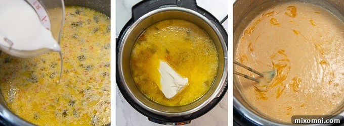 Two images showing the later steps of making Instant Pot potato soup, including adding dairy and cheese.
