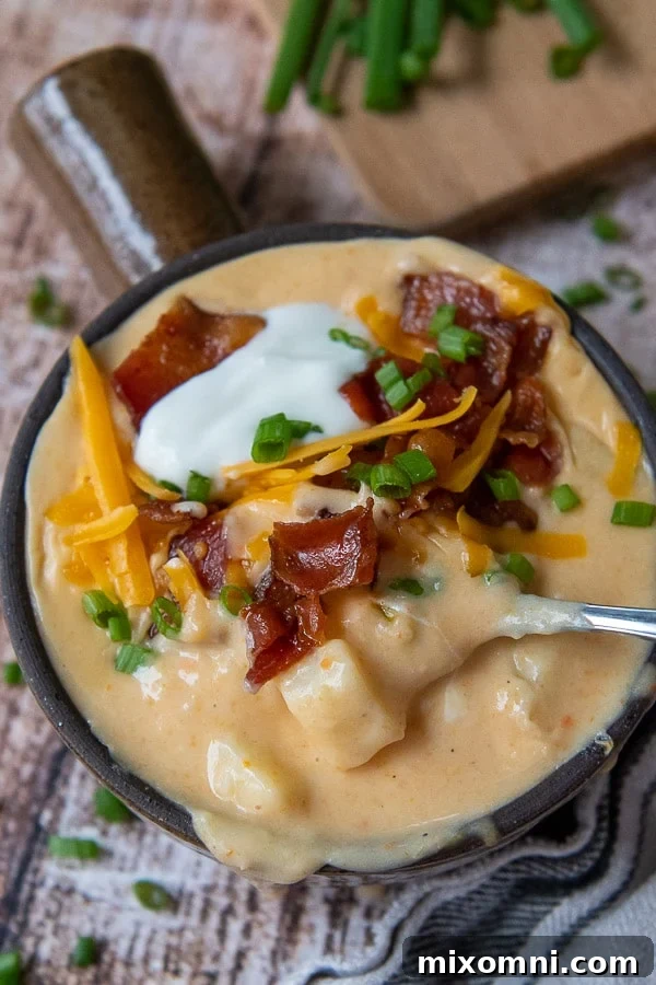 A bowl of Instant Pot Loaded Potato Soup, garnished with fresh chives, ready to be enjoyed.