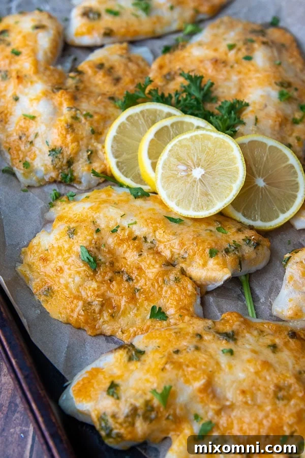 Parmesan crusted tilapia on a baking sheet with vibrant lemon slices on top, ready to be served