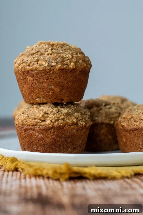 A stack of two perfectly baked applesauce oatmeal muffins on a white plate, highlighting their moist texture and golden-brown tops.