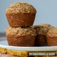 A stack of two perfectly baked applesauce oatmeal muffins on a white plate.