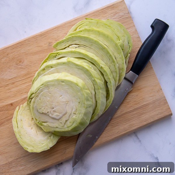image showing how to cut cabbage slices into uniform steaks