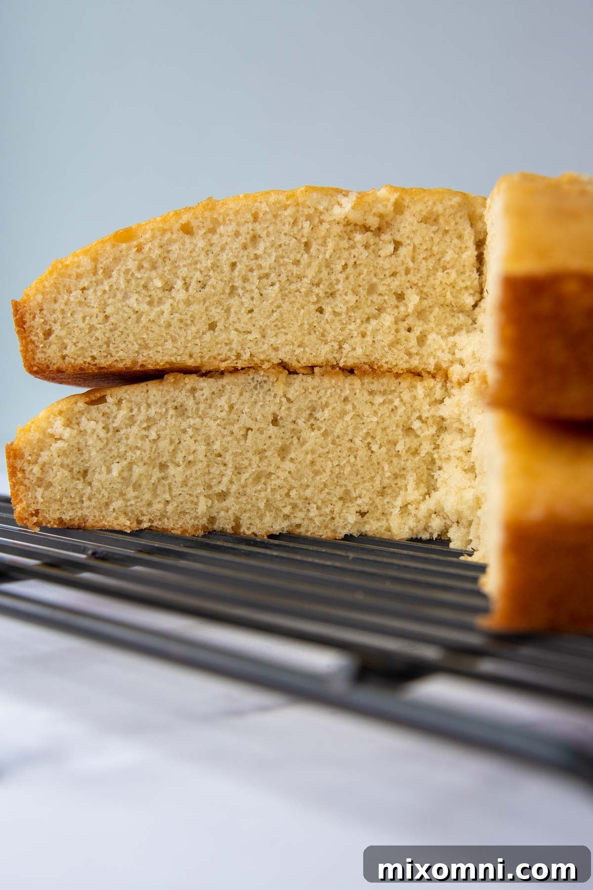 Two perfectly baked gluten-free vanilla cake layers stacked neatly on top of each other.