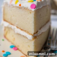 A perfectly cut slice of fluffy gluten-free white cake with frosting.
