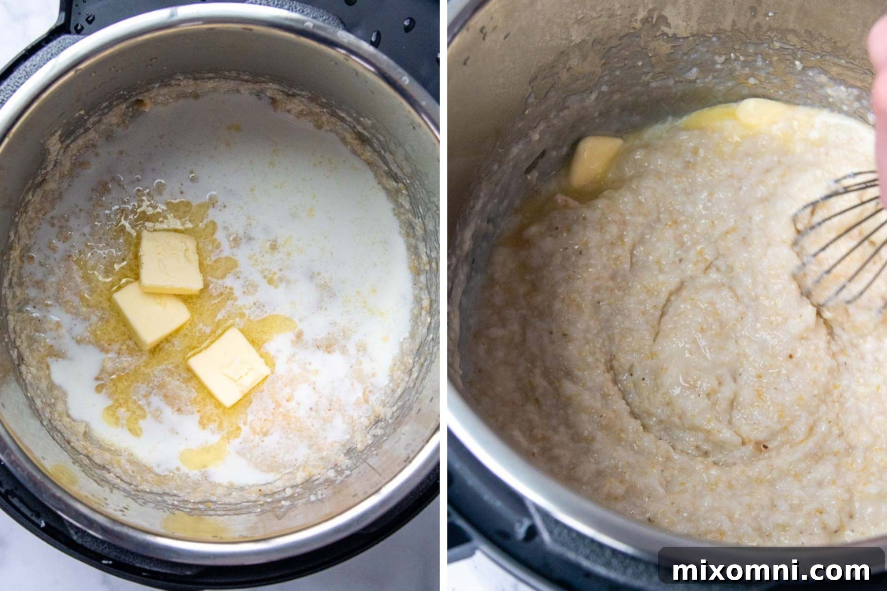 Step-by-step images showing the process of making grits in an Instant Pot, from adding ingredients to the cooked result.