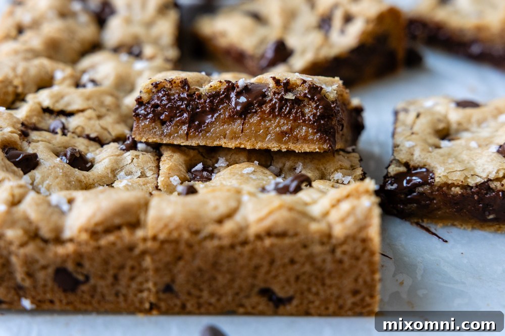 Thick slabs of gluten-free chocolate chip cookie bars, showing their crackly tops, melted chocolate chips, and chewy edges.